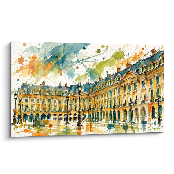 Tableau Façade haussmannienne aux éclaboussures bleues et ocre - Après la pluie parisienne - Edition Place Vendôme Île-de-France