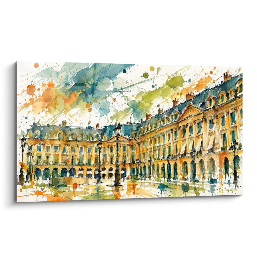 Tableau Façade haussmannienne aux éclaboussures bleues et ocre - Après la pluie parisienne - Edition Place Vendôme Île-de-France