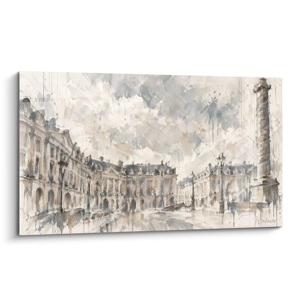 Tableau Colonne beige et grise aux façades haussmanniennes - Brume matinale parisienne - Edition Place Vendôme Île-de-France