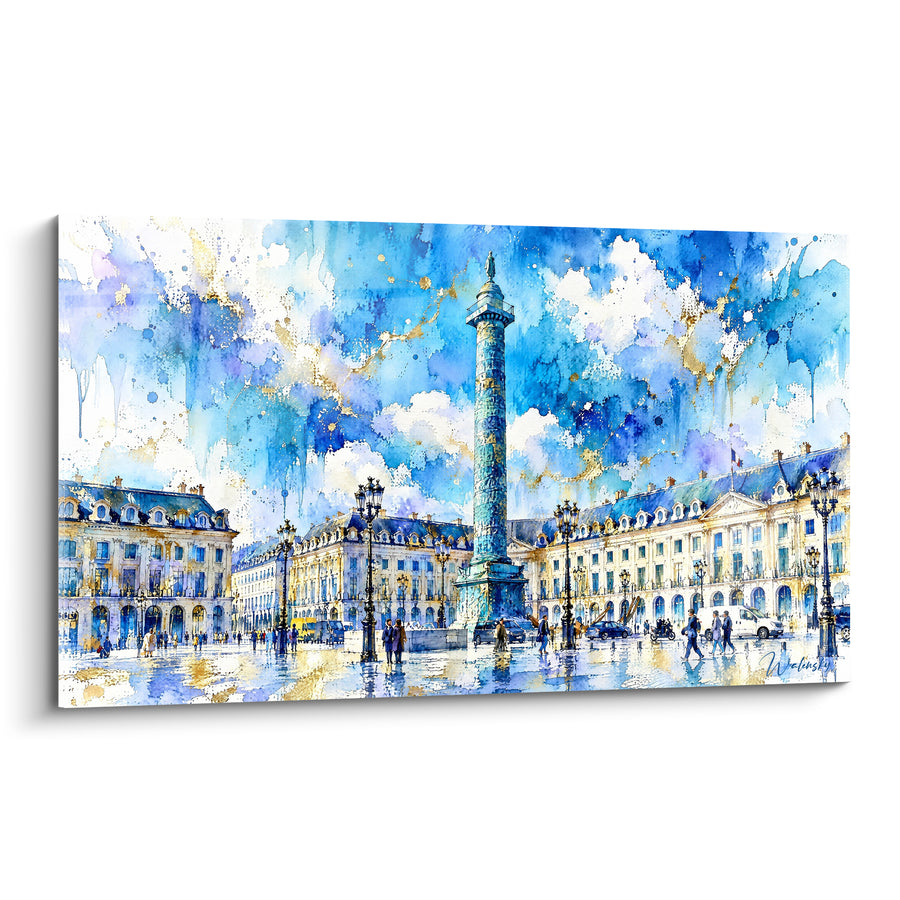 Tableau Colonne Vendôme bleu et doré sous ciel aquarelle - Éclaircie parisienne - Edition Place Vendôme Île-de-France