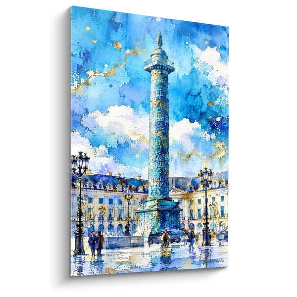 Tableau Colonne turquoise et bleue sous nuages blancs - Passants sur pavés mouillés - Edition Place Vendôme Île-de-France