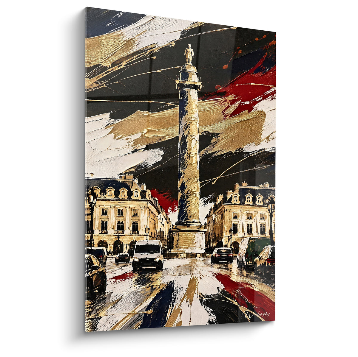 Quadro colonna Vendôme dorata che si erge su facciate nere e oro con vivaci accenti rossi