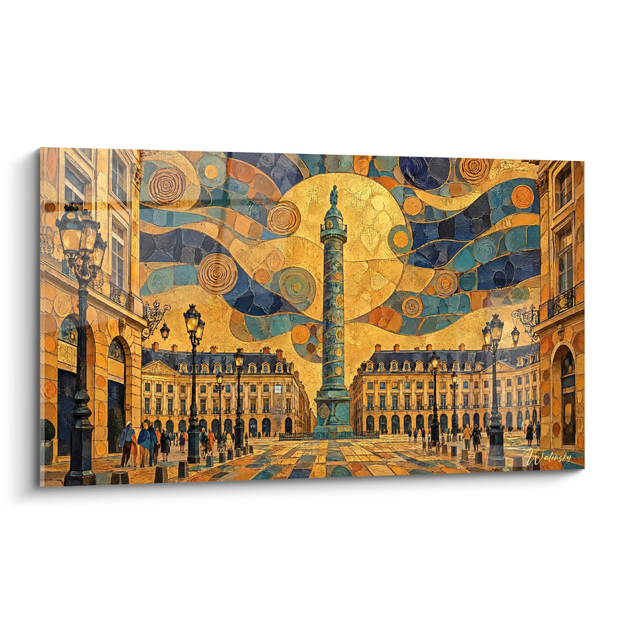Tableau Place Vendôme colonne dorée et bleue - Tourbillon doré parisien - Edition Place Vendôme Île-de-France