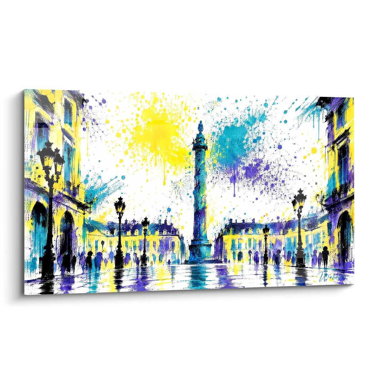 Tableau colonne Vendôme turquoise et violet entourée de façades jaune doré et d'éclaboussures vives