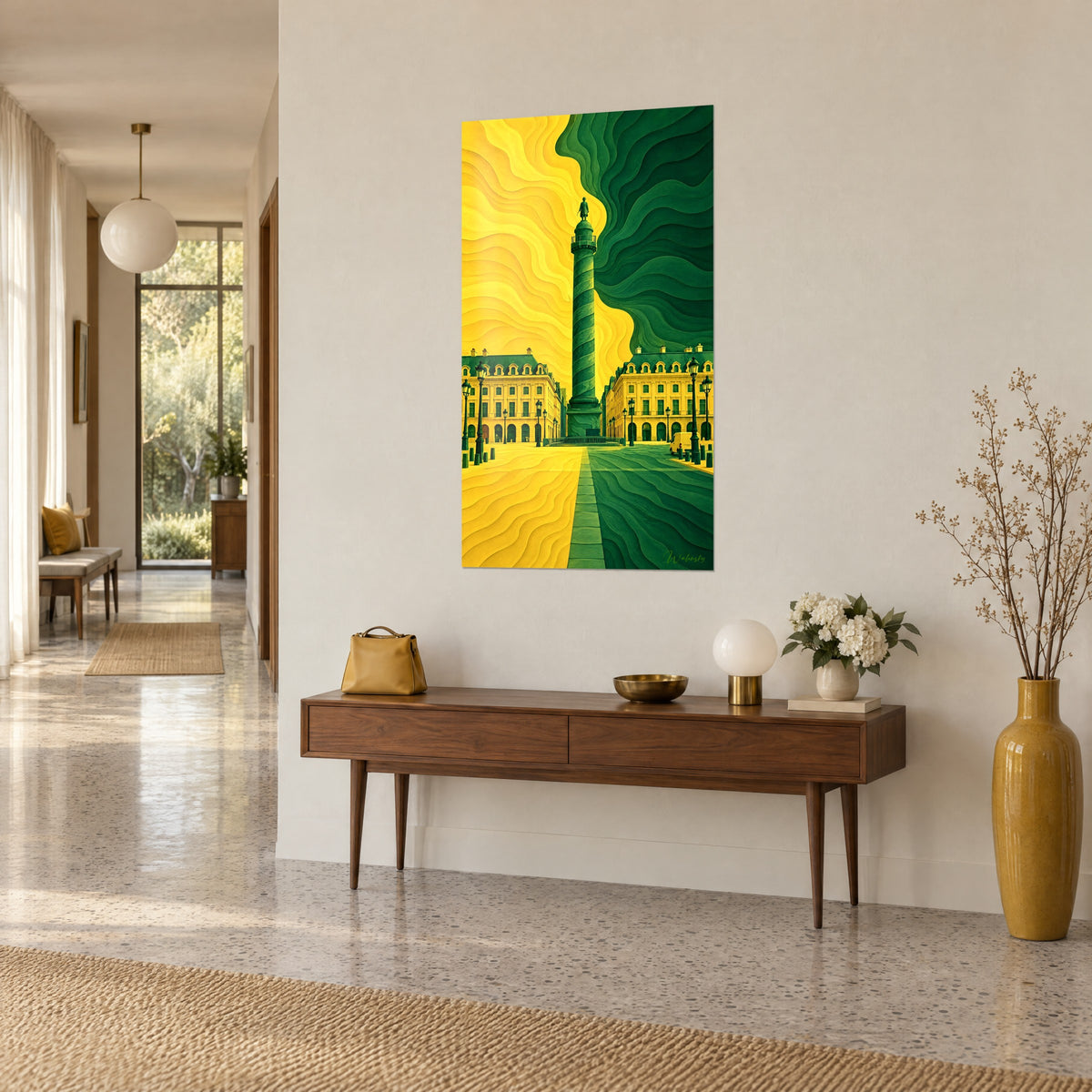 Gemälde napoleonischer Obelisk in Smaragdgrün zwischen zwei cremefarbenen Hotelflügeln, gewellte gelbe Platten, an einer beigen Wand über ihrer Holzkonsole