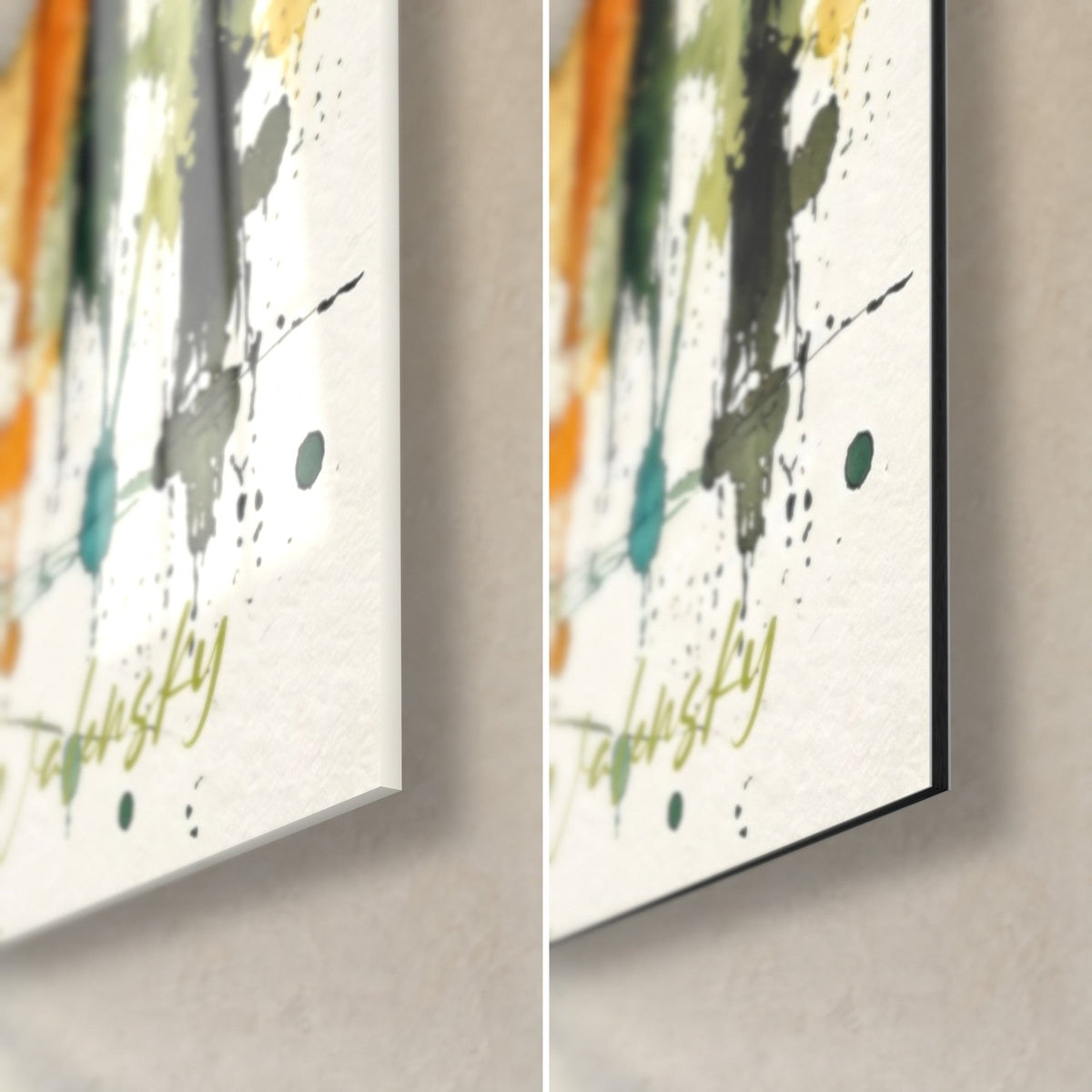 Wall art Parisian watercolour, bottom right corner: glossy acrylic glass on the left, matt black Dibond aluminium on the right, blue and green drops, 3 mm edge