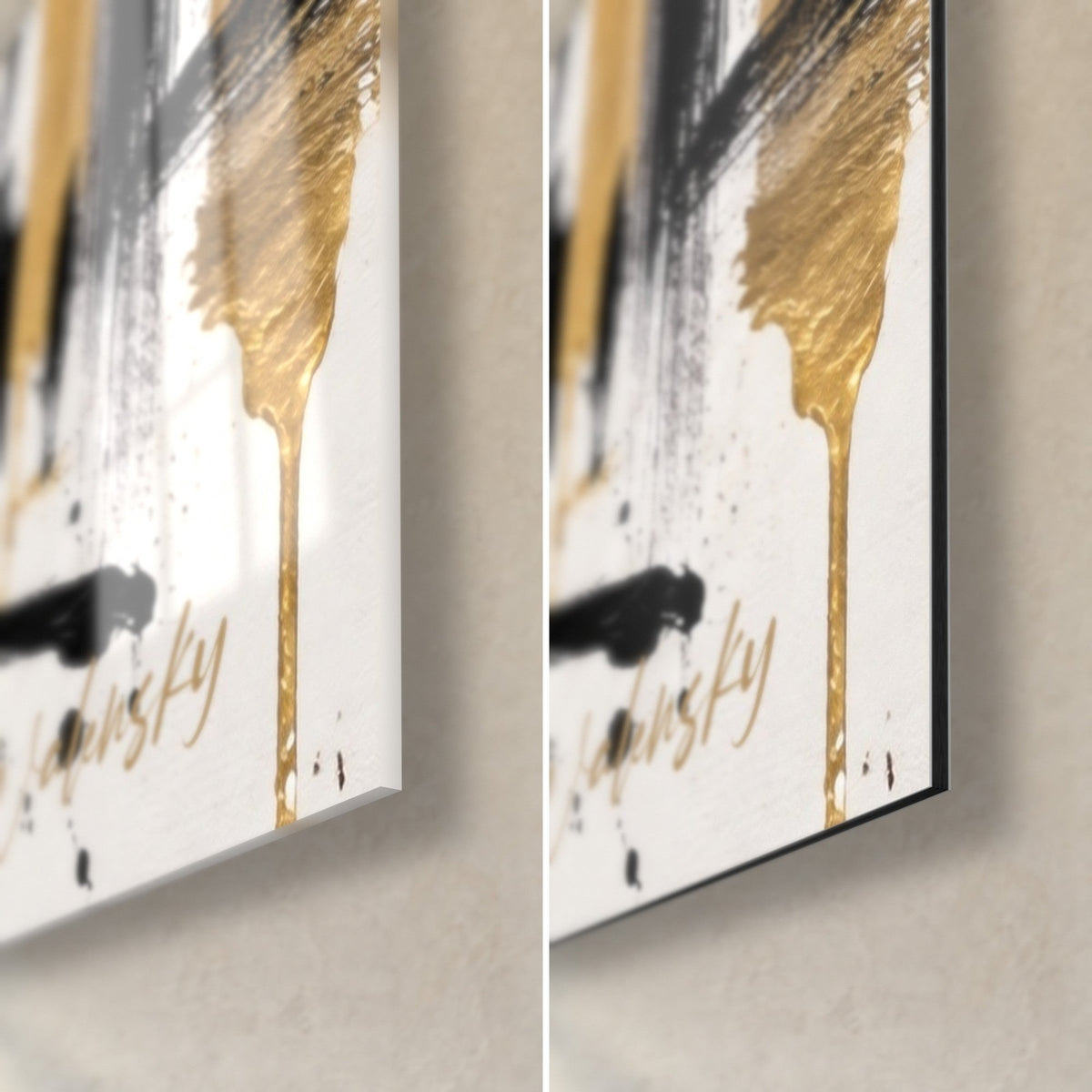 Tableau place parisienne, coin bas droit : coulure dorée et trait noir, signature Walensky, verre brillant et Dibond mat de 3 mm