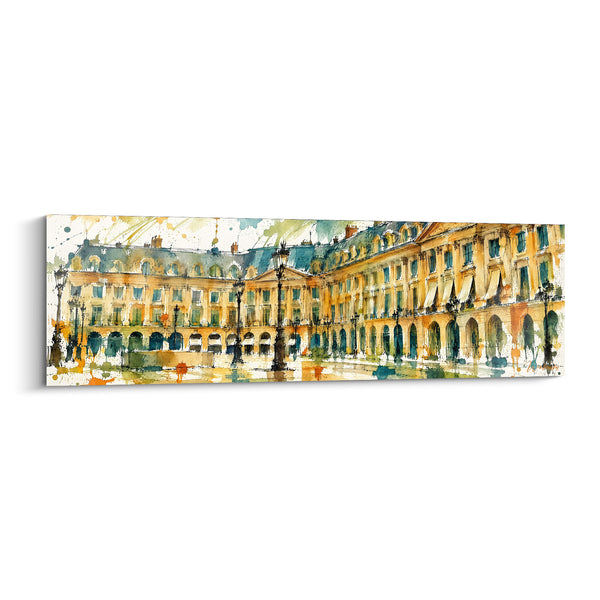 Tableau Façade dorée et bleu pétrole animée - Matinée parisienne - Edition Place Vendôme Île-de-France