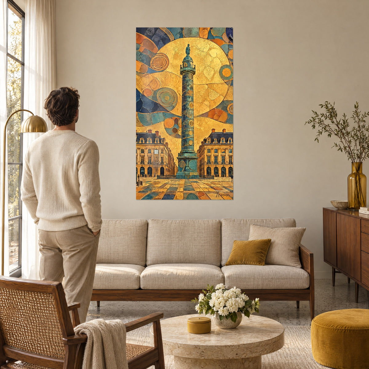 Quadro colonna Vendôme con patina blu pavone, sole dorato martellato, un uomo di spalle, sopra un divano in un soggiorno luminoso