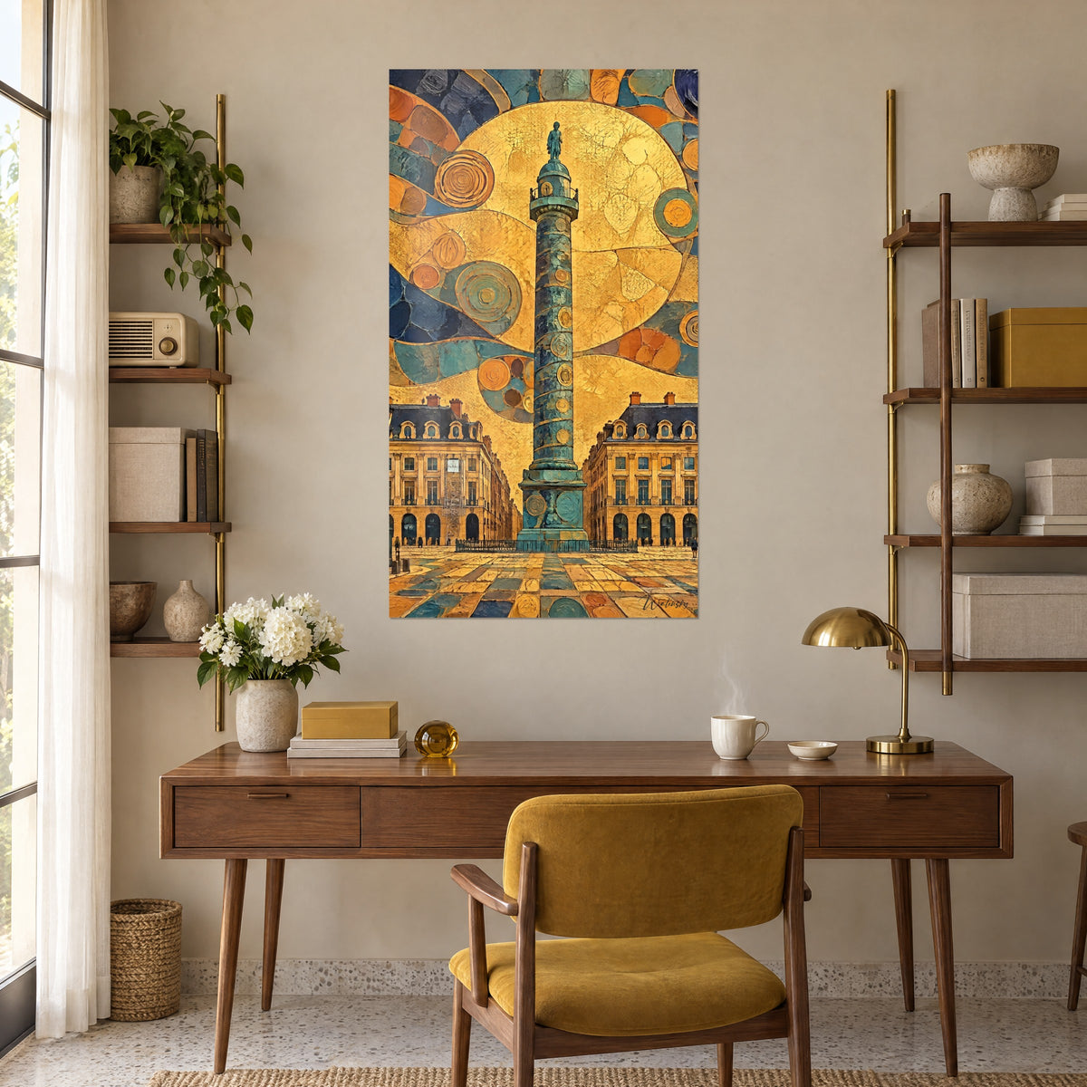 Quadro piazza Vendôme in mosaico giallo zafferano e blu anatra, facciate in ardesia grigia, appeso sopra una scrivania in legno