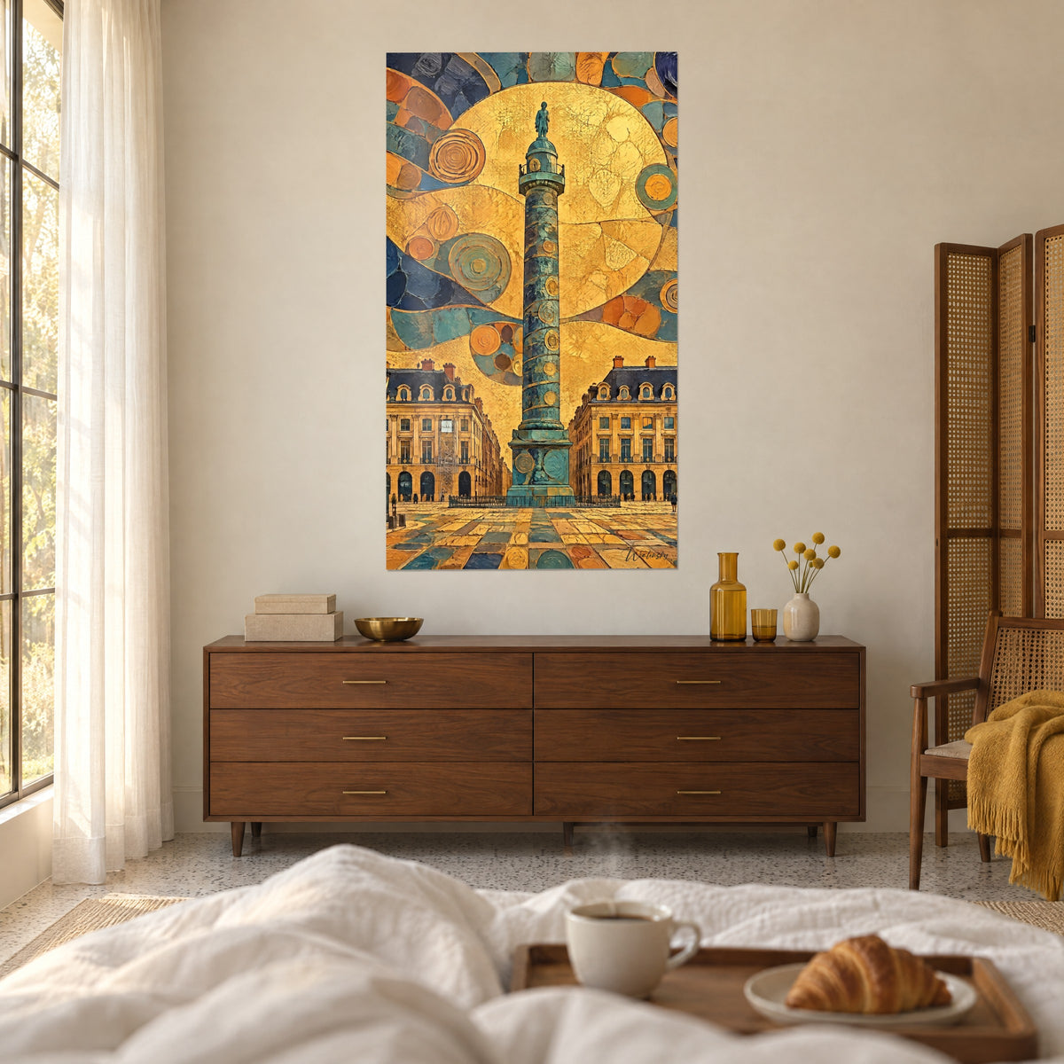 Quadro monumento in bronzo brunito su disco solare dorato, spirali arancioni e blu notte, sopra un letto in una camera luminosa