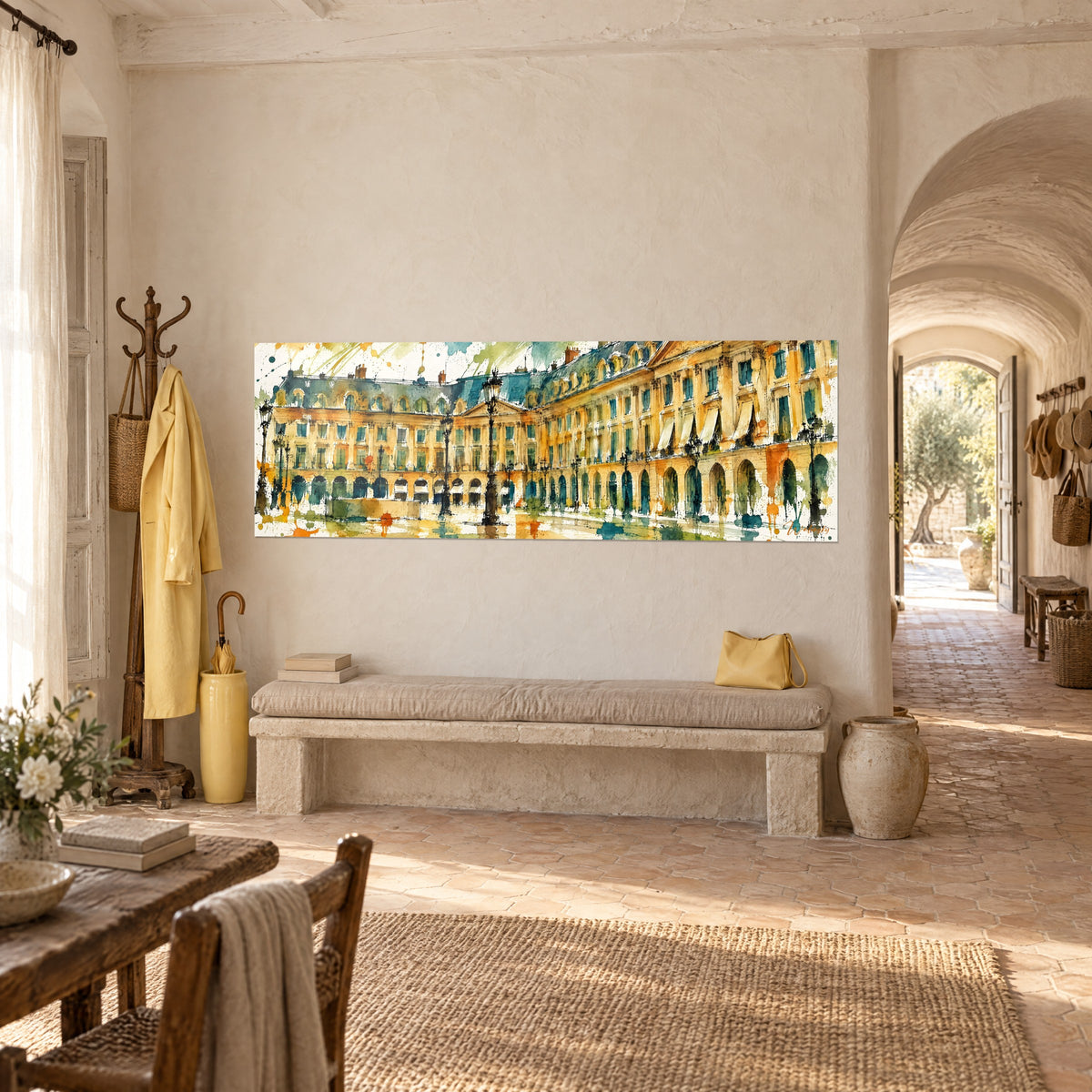 Schilderij van een Parijs paleis met okerkleurige arcaden en donkergroen, zwarte lantaarnpalen en oranje spatten, gezien vanaf een Provençaalse mas