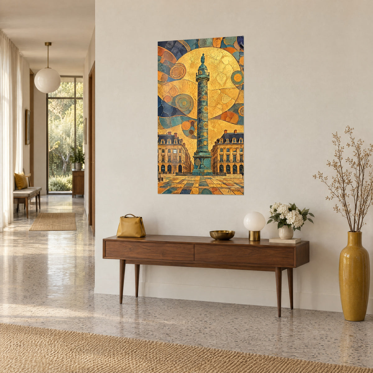 Quadro obelisco imperiale turchese su sfondo di spirali ocra e blu notte, visto di tre quarti sopra una consolle in legno