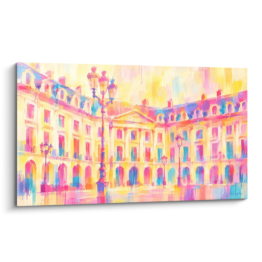 Tableau Façade parisienne rose et jaune aux lampadaires - Rêverie dorée - Edition Place Vendôme Île-de-France