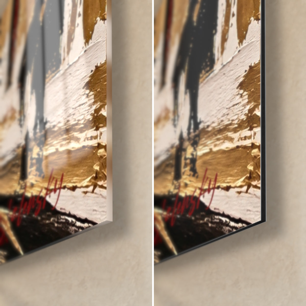 Gemälde der goldenen Vendômesäule, untere rechte Ecke: glänzendes Acrylglas mit Bernsteinreflexen links, mattschwarzes Dibond-Aluminium rechts, 3 mm Kante