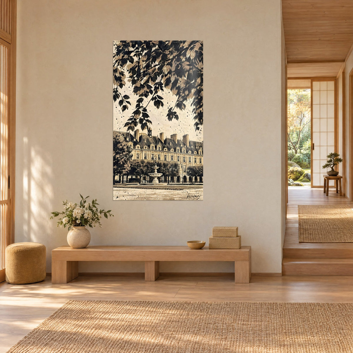 Quadro palazzo signorile con tetti in ardesia e abbaini tondi, seppia crema e nero, fontana sotto i tigli, su un muro beige accanto a una panchina di legno