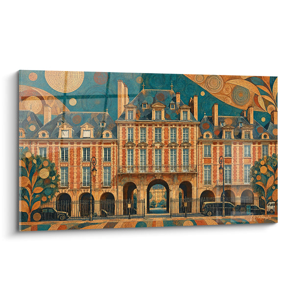 Tableau Façade en briques ocre et ciel bleu paon - Rêverie parisienne - Edition Place des Vosges Île-de-France