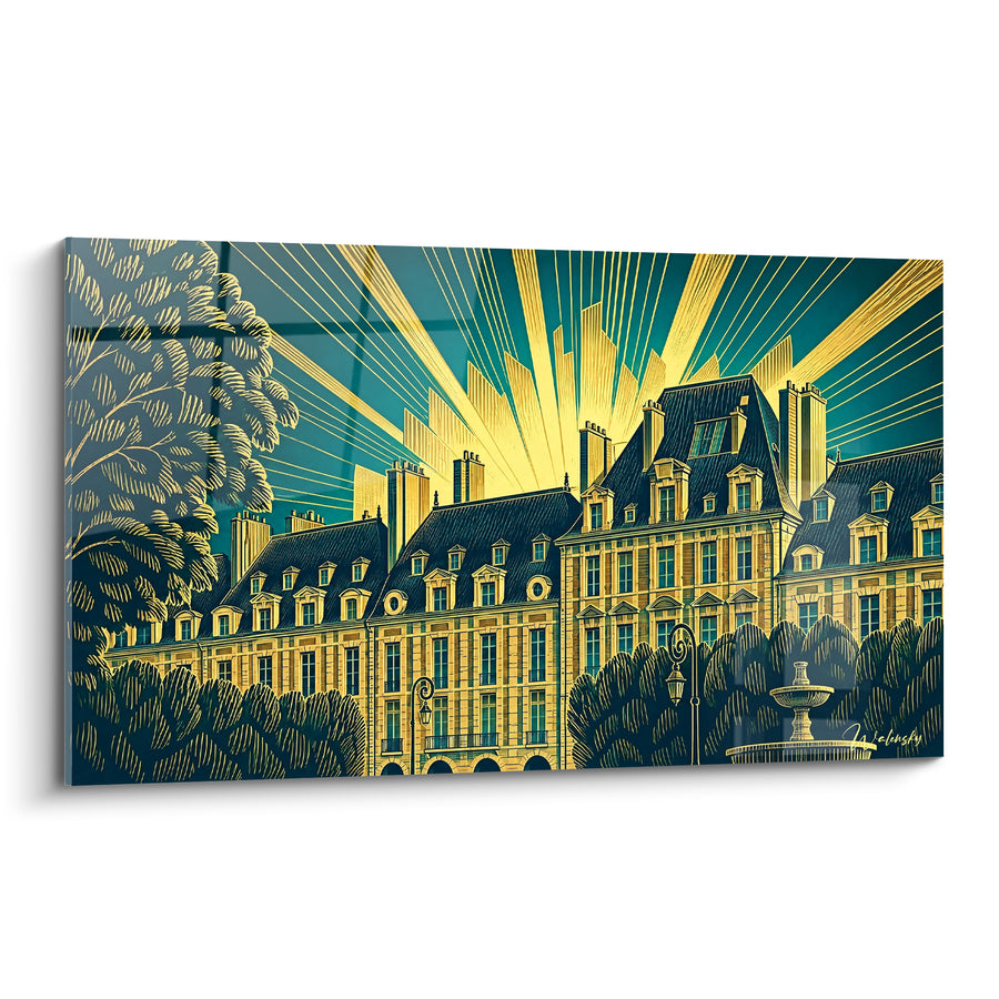 Tableau Place aux façades dorées et rayons bleu sarcelle - Lever sur la place - Edition Place des Vosges Île-de-France