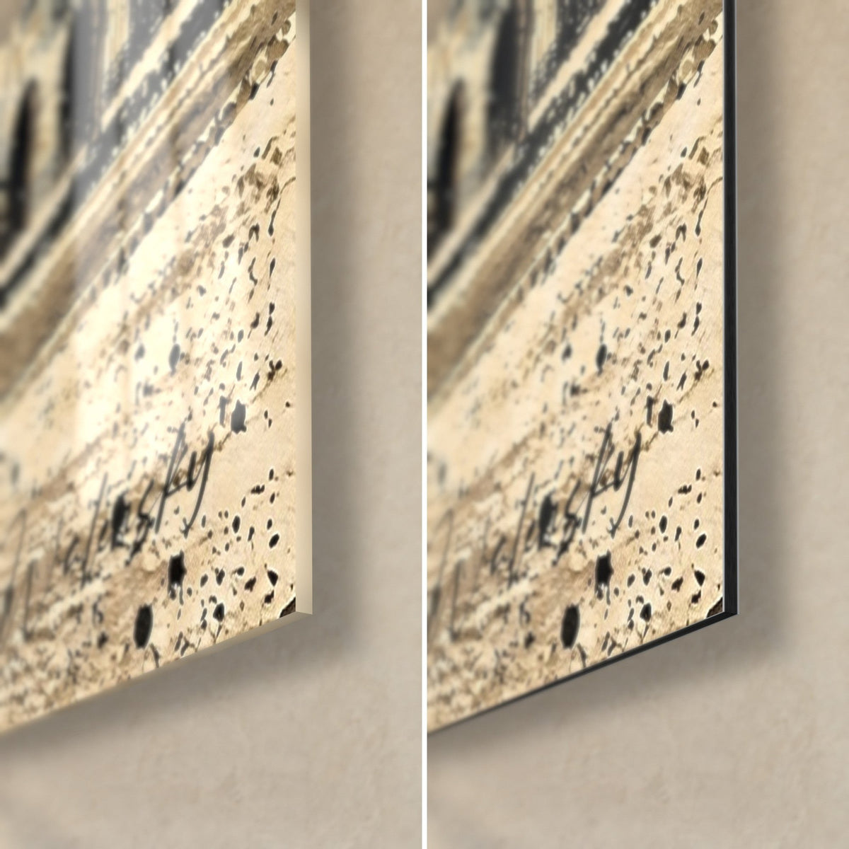 Quadro fogliame autunnale in inchiostro nero su fondo crema, schizzi e firma Walensky, angolo in basso a destra, acrilico lucido e Dibond opaco, bordo 3 mm