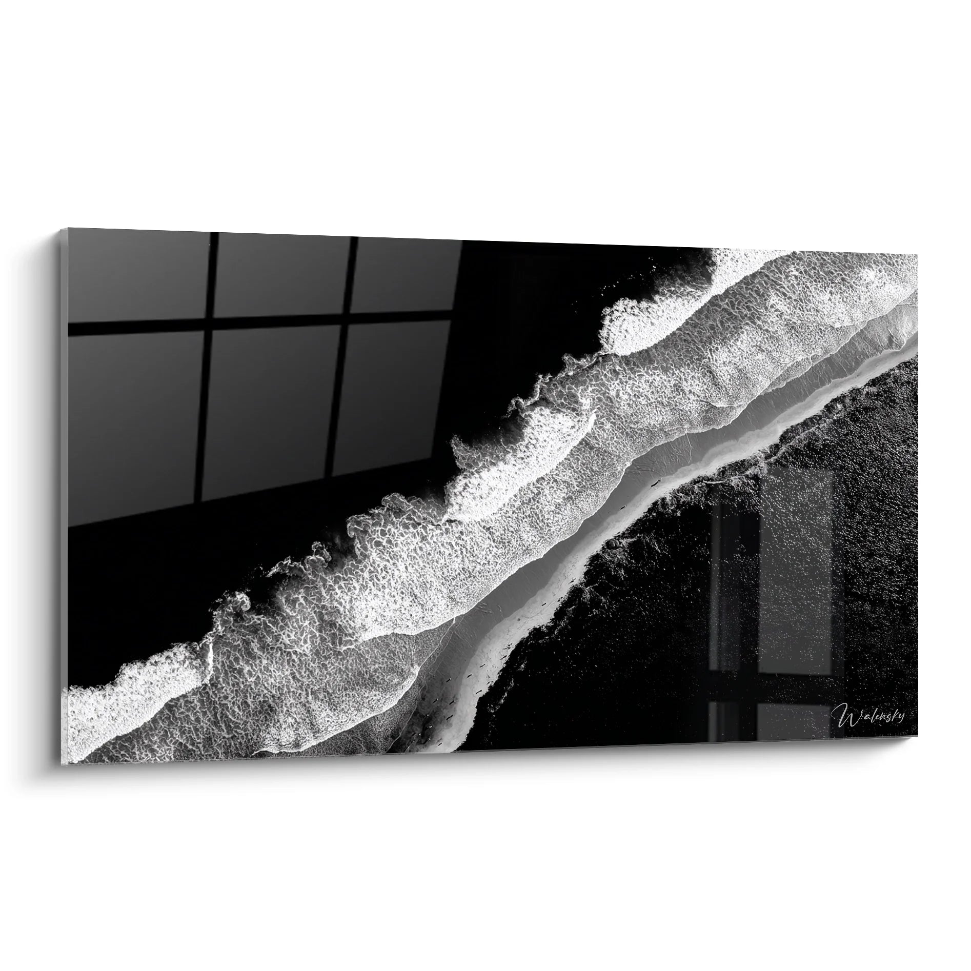 Tableau plage noir et blanc vue aérienne avec vagues et rivage pour décoration murale moderne