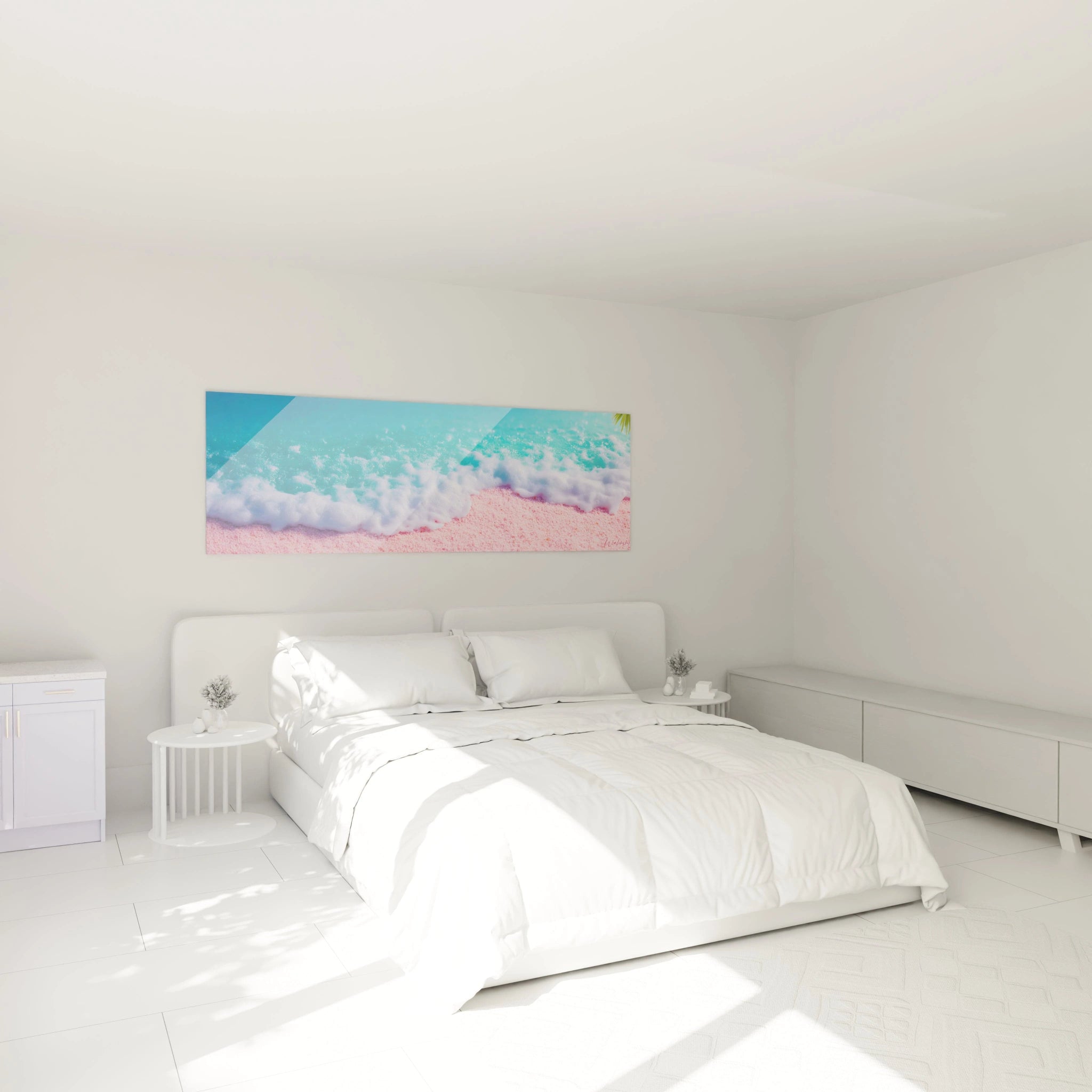 tableau plage moderne Walensky panoramique turquoise avec vagues et sable rose au dessus d un lit blanc minimaliste