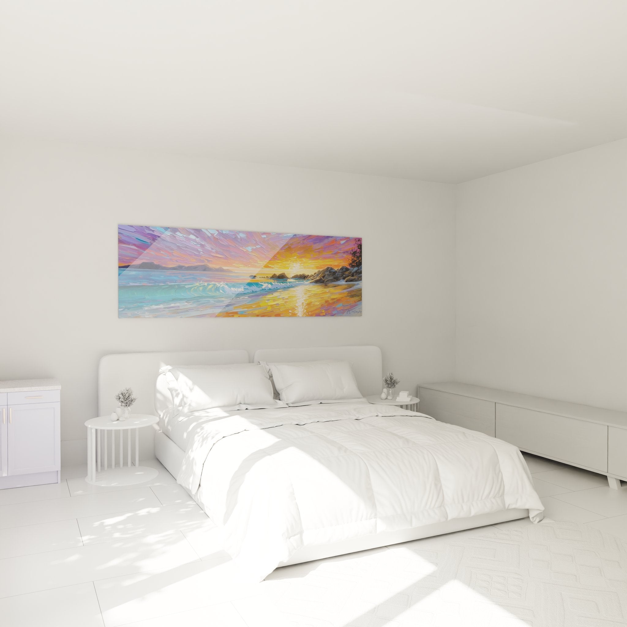 Tableau coucher soleil plage dans chambre moderne - décoration murale océanique vagues dorées