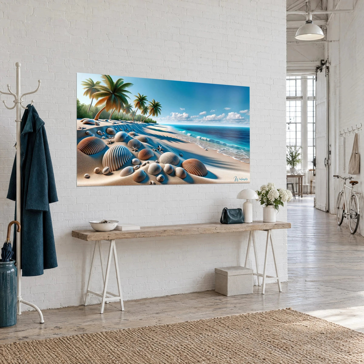 Schilderij palmbomen die overhellen over een strand van gestreepte schelpen, blauwe lucht en beige zand, driekwartaanzicht in een loft