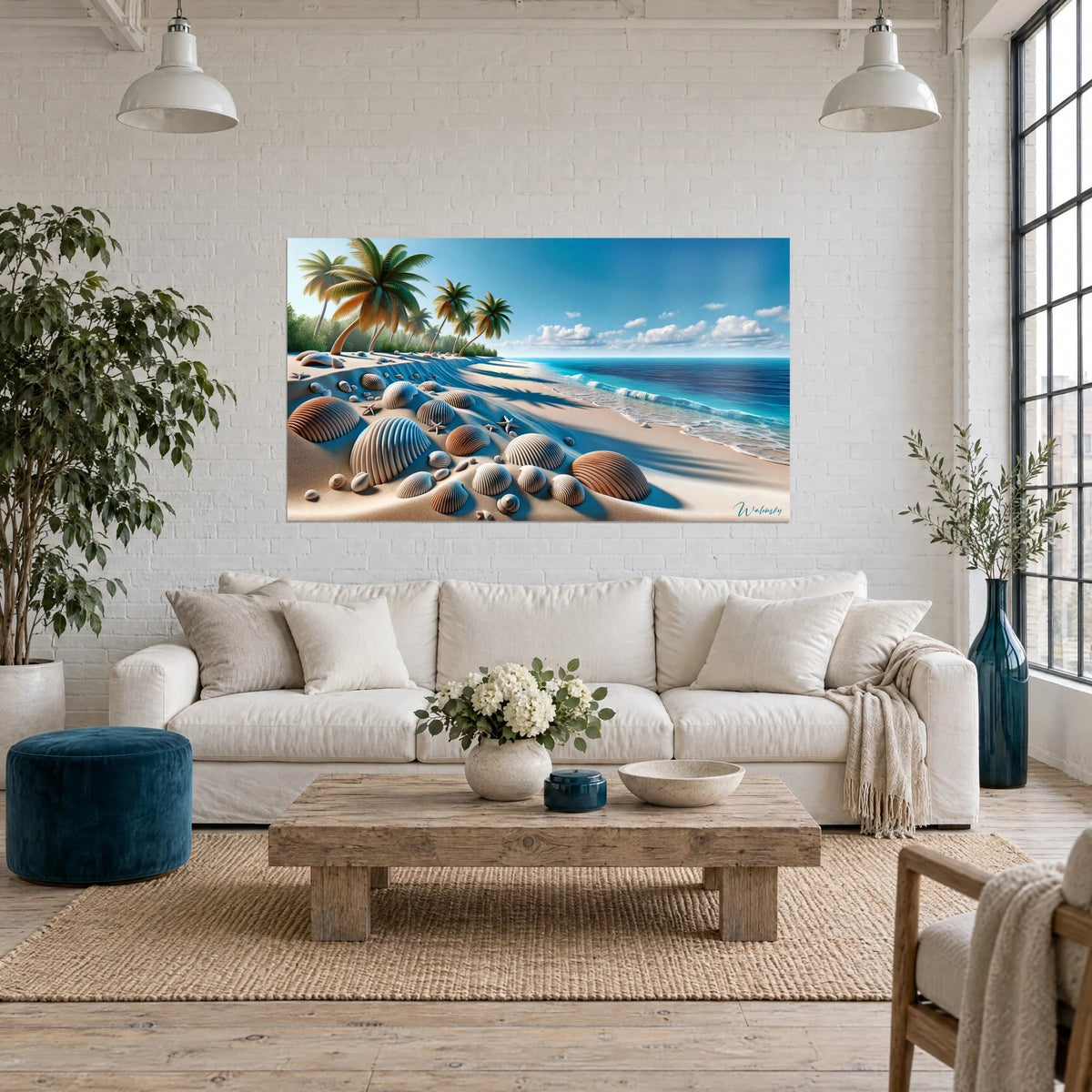 Schilderij tropisch strand met parelmoeren schelpen, goudkleurig zand en turquoise zee, boven een bank in een lichte woonkamer