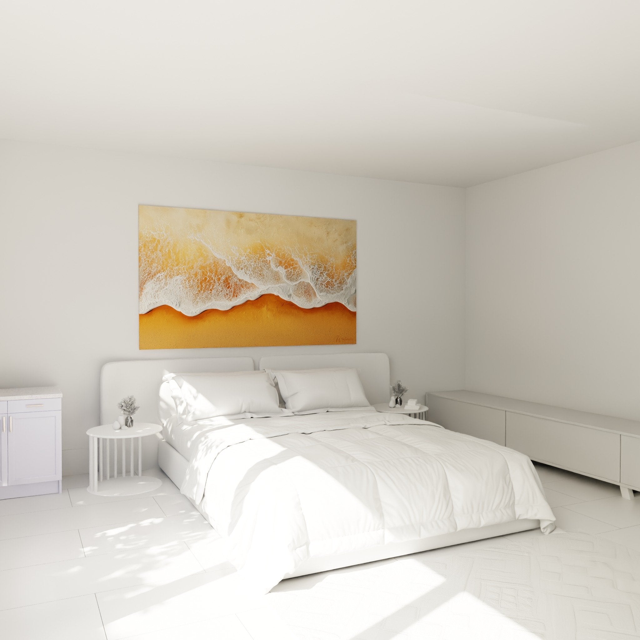 Tableau plage dorée vagues blanches dans chambre décoration murale apaisante tons chauds naturels