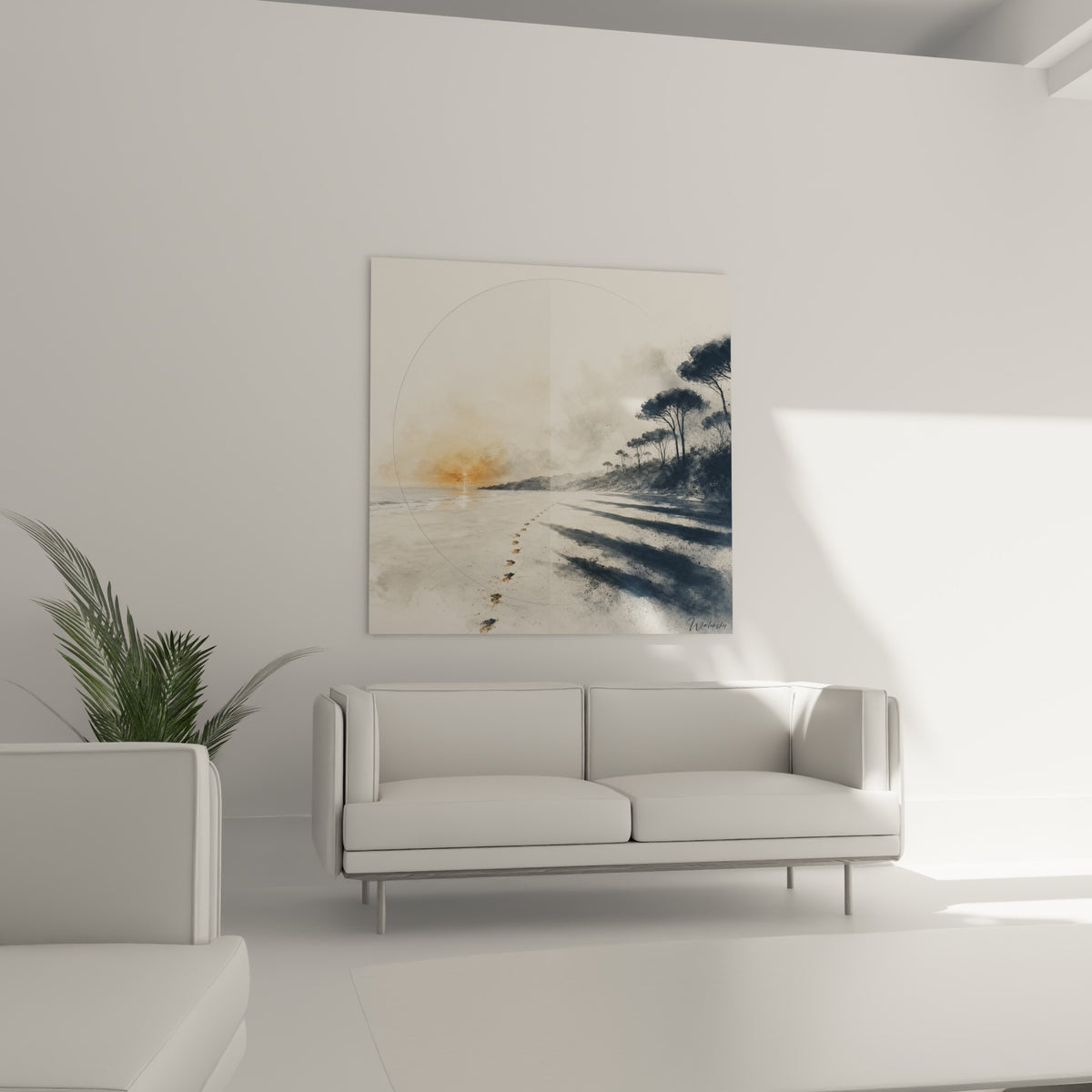Sable sable et ciel orangé de ce tableau plage, au-dessus d'un canapé dans un salon lumineux