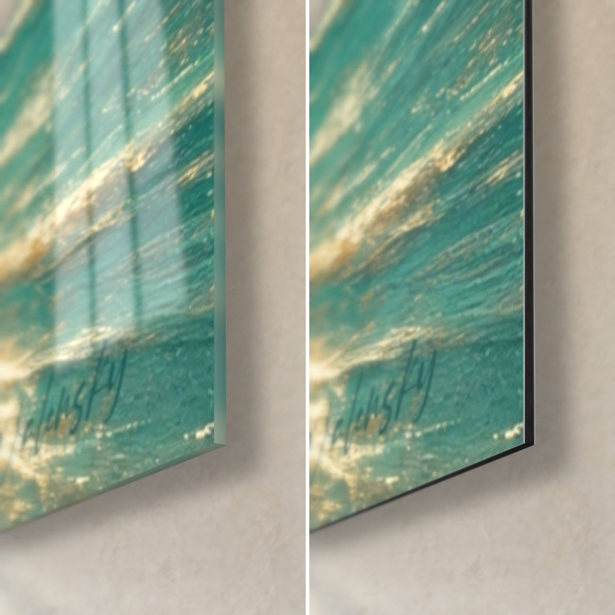 Gemälde Strandszene in Türkis und Gold, untere rechte Ecke: glänzendes Acrylglas links, matmattes Dibond rechts, 3 mm Kante
