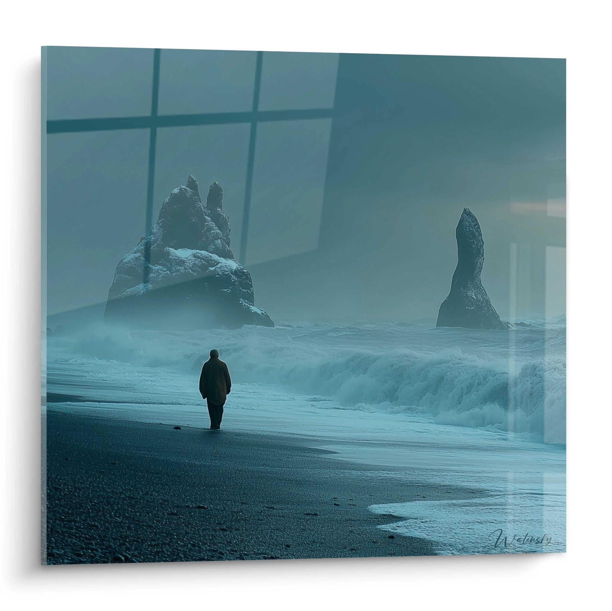 Tableau plage mystérieuse silhouette solitaire rochers océan vagues brume décoration murale