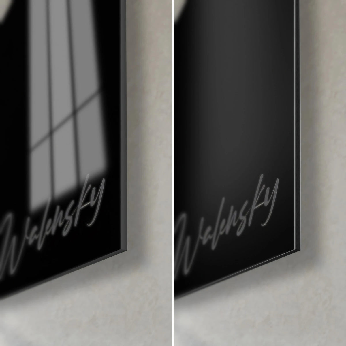 Wall art monochrome ocean, bottom right corner: glossy acrylic glass on the left, matte black Dibond aluminium on the right, 3 mm edge