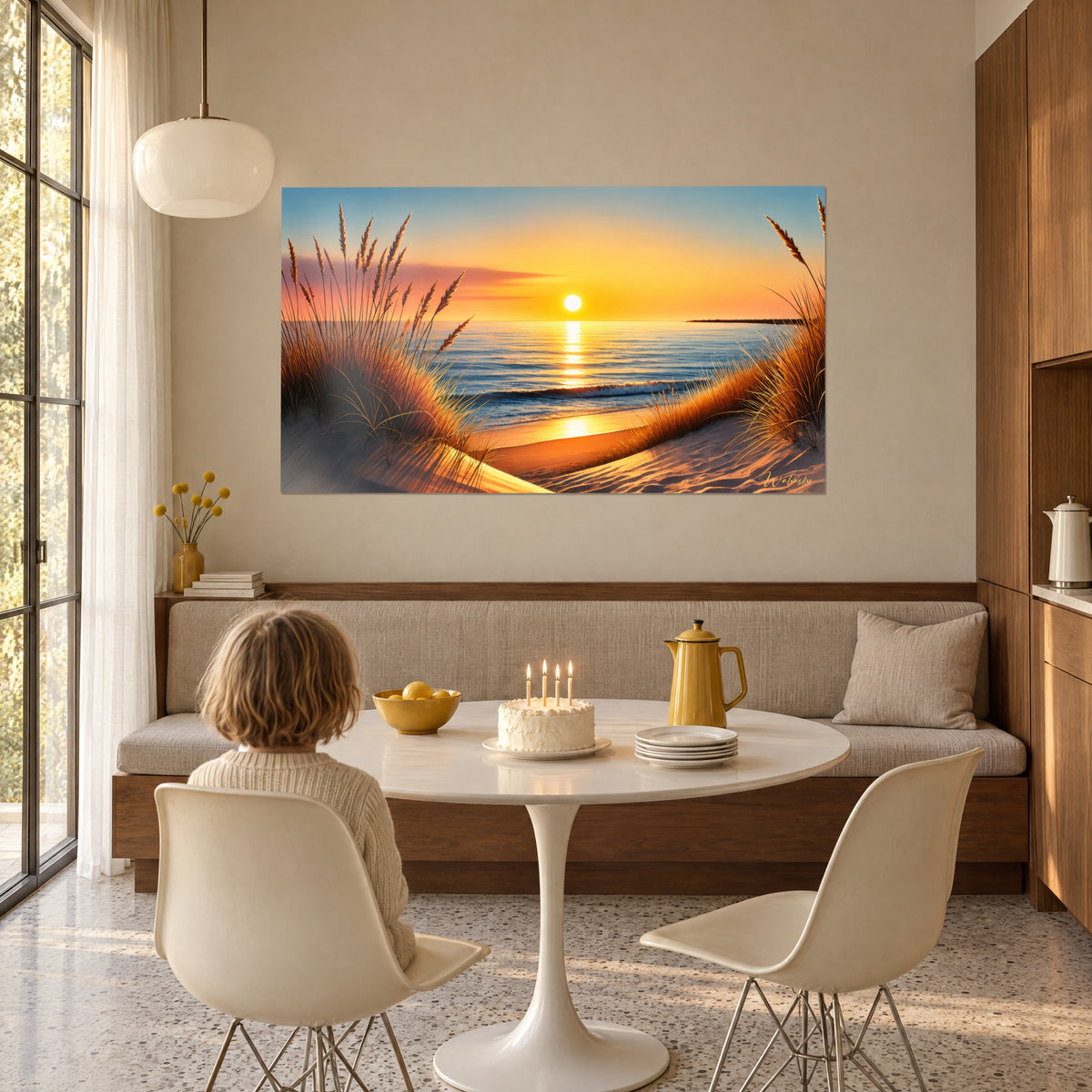 Cuadro puesta de sol en la playa, cielo albaricoque y olas azules, visto de espaldas durante una merienda de cumpleaños