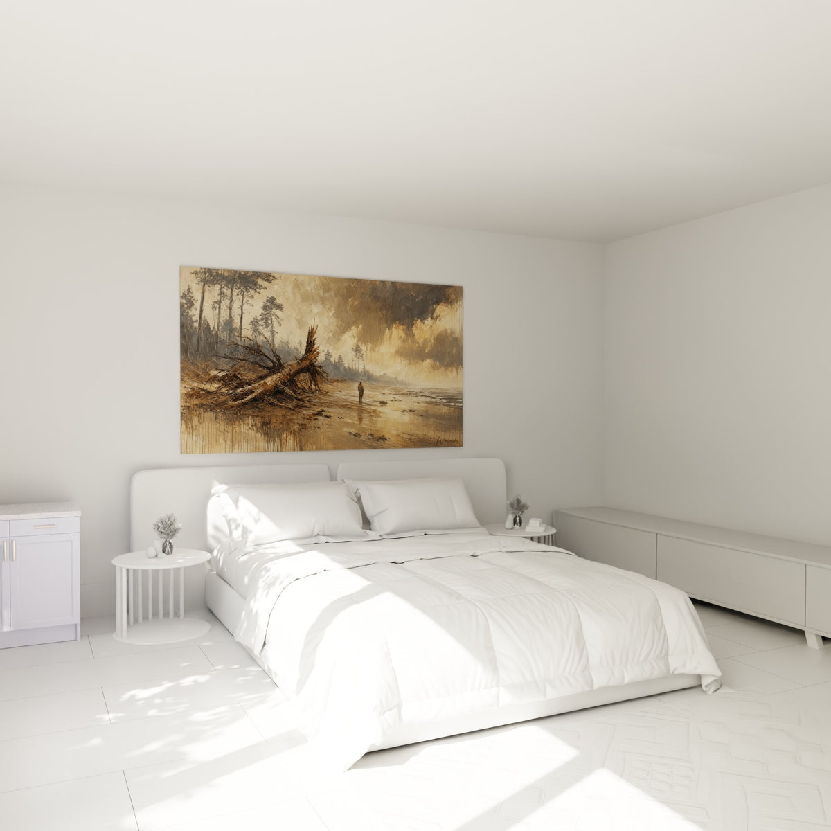 Rivage brumeux ocre et anthracite avec silhouette esseulée, au-dessus d'un lit dans une chambre claire