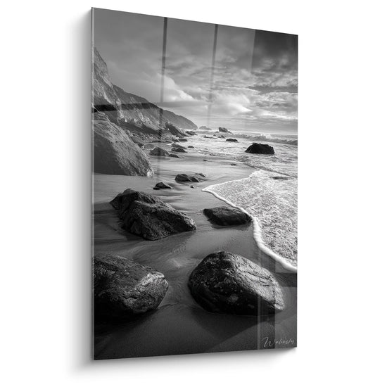 Black and white beach painting with rocks, waves and cliffs, decorative seascape wall art