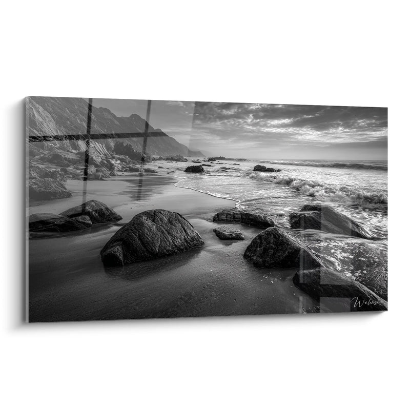 Rocky Beach Painting - Contemplative Shore - Black and White Landscape Edition