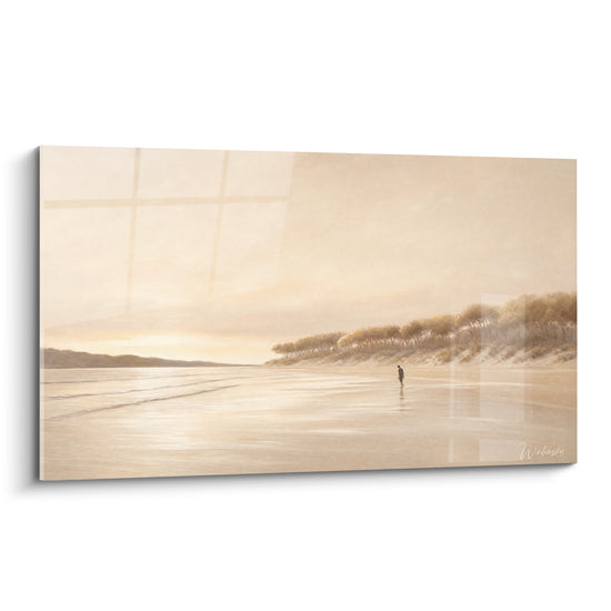 Tableau Silhouette isolée sur grève beige et crème face à la brume - Rangée d'arbres côtiers - Edition Plage