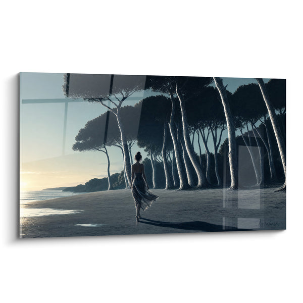 Tableau Silhouette bleue et dorée sous les pins - Promenade solitaire - Edition Plage