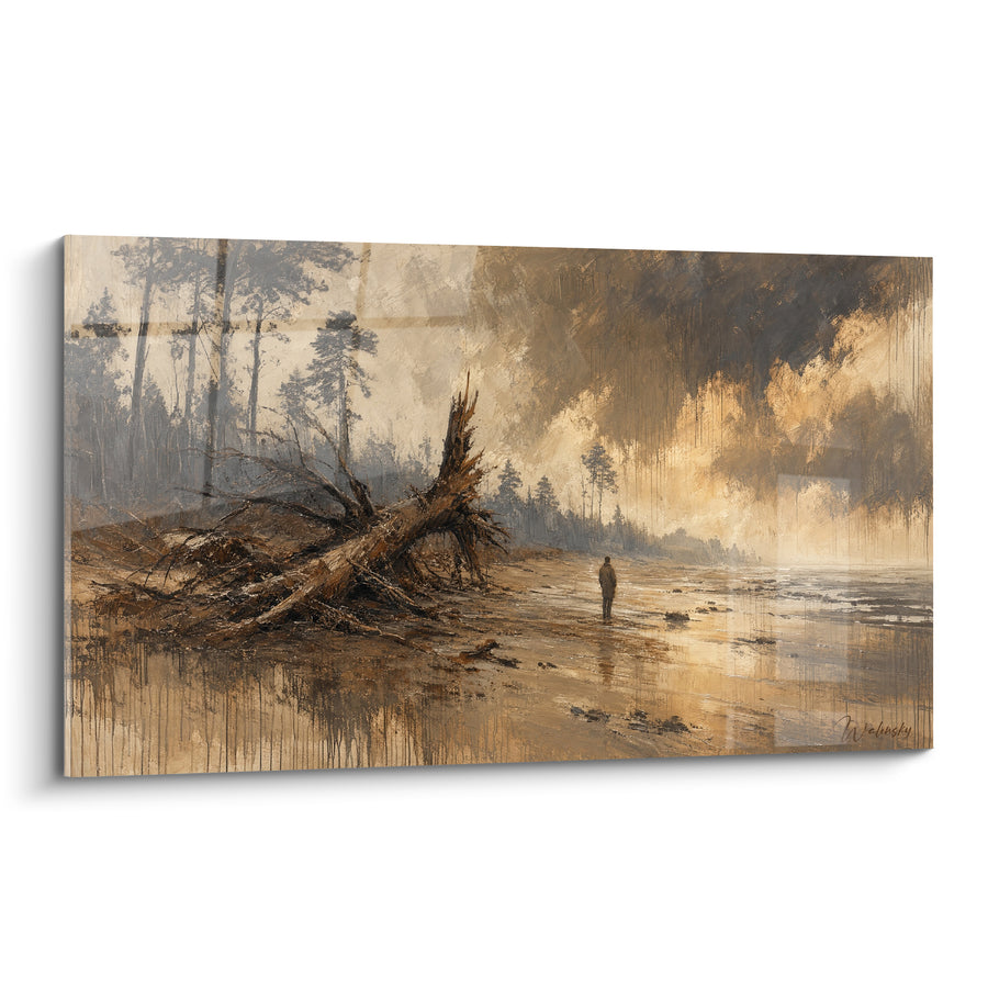 Tableau Arbre échoué doré et brun sur rivage - Silhouette près du bois flotté - Edition Plage