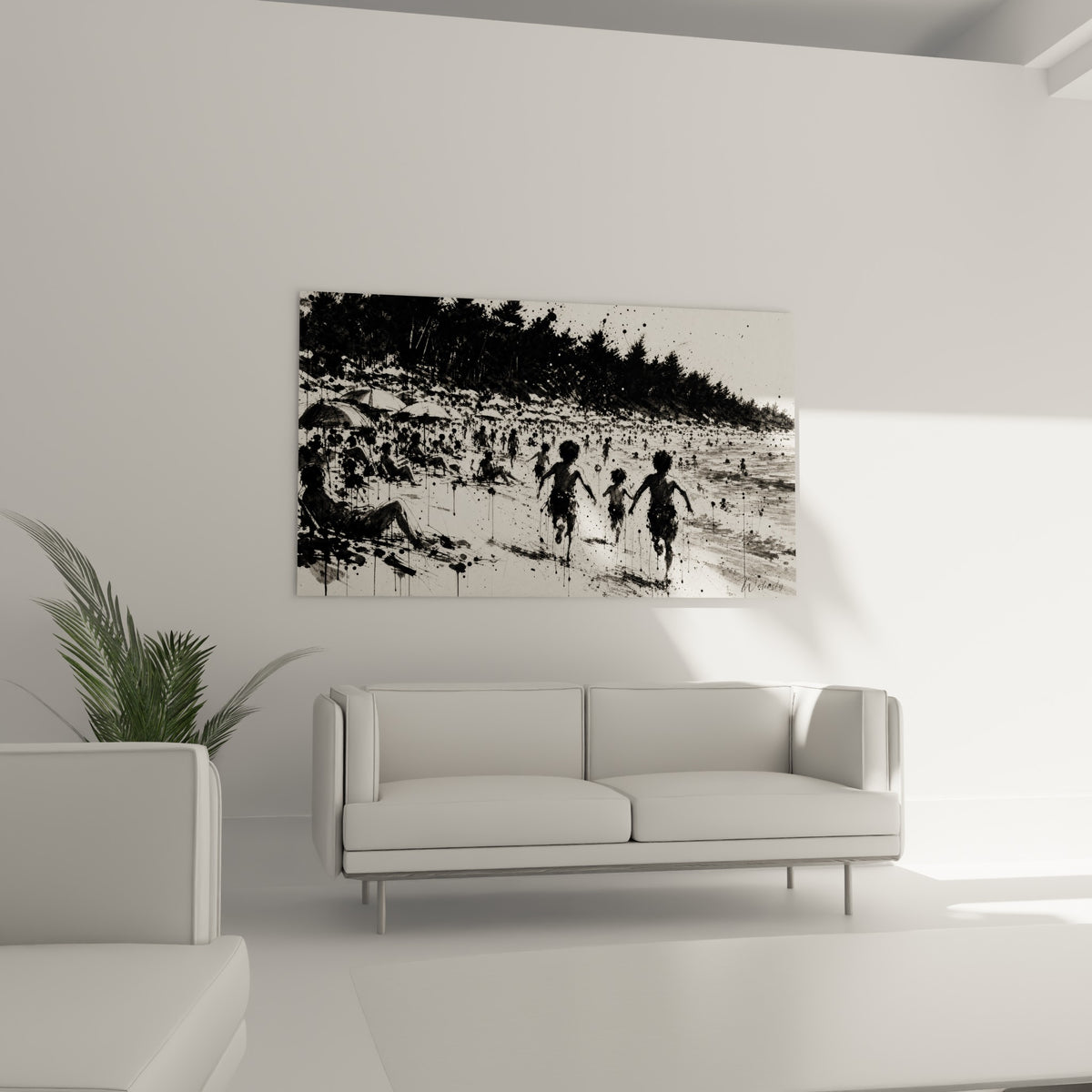Silhouettes courant sur le sable en noir et ivoire au-dessus d'un canapé dans un salon lumineux