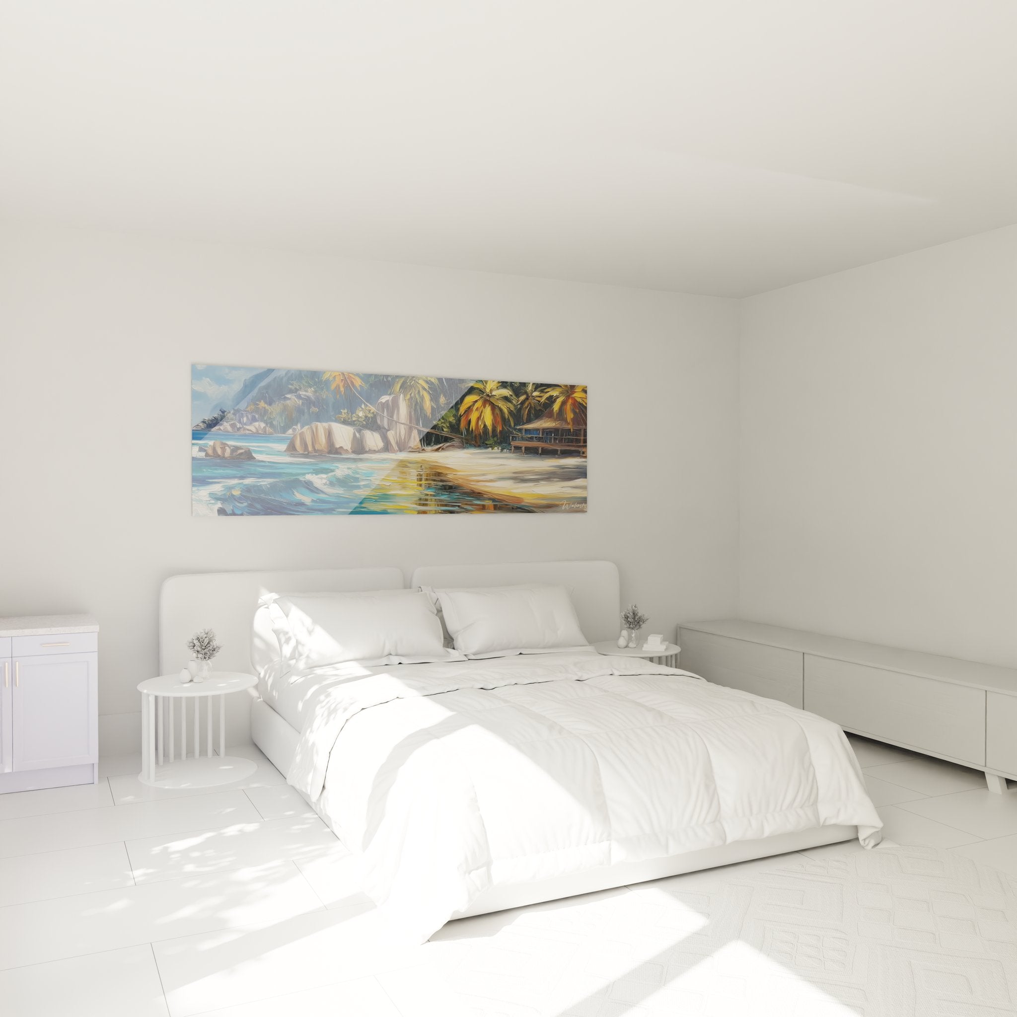 Tableau décoratif plage tropicale dans chambre moderne avec lagon turquoise et palmiers exotiques