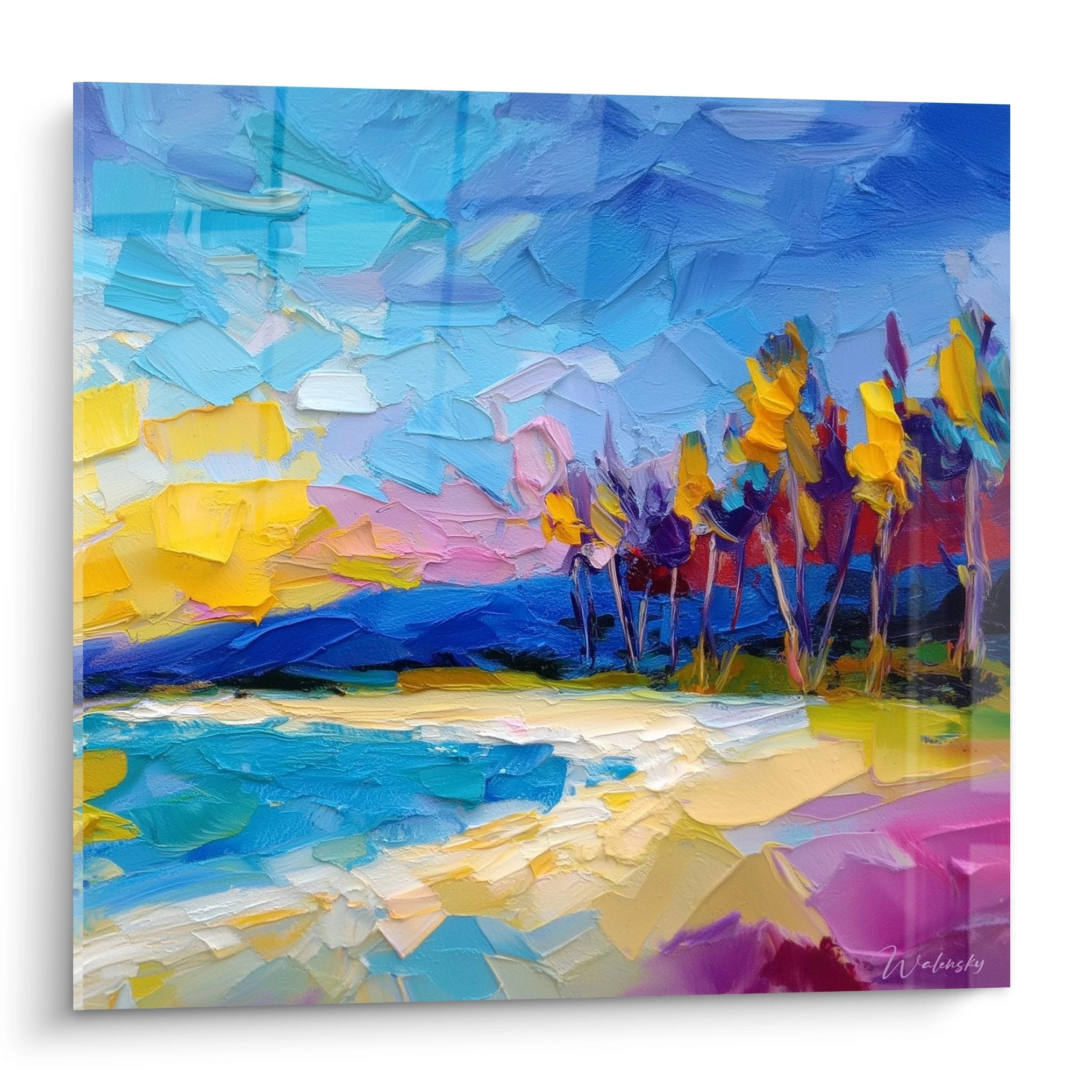 Tableau plage tropicale avec palmiers colorés et eaux turquoise, peinture moderne décorative