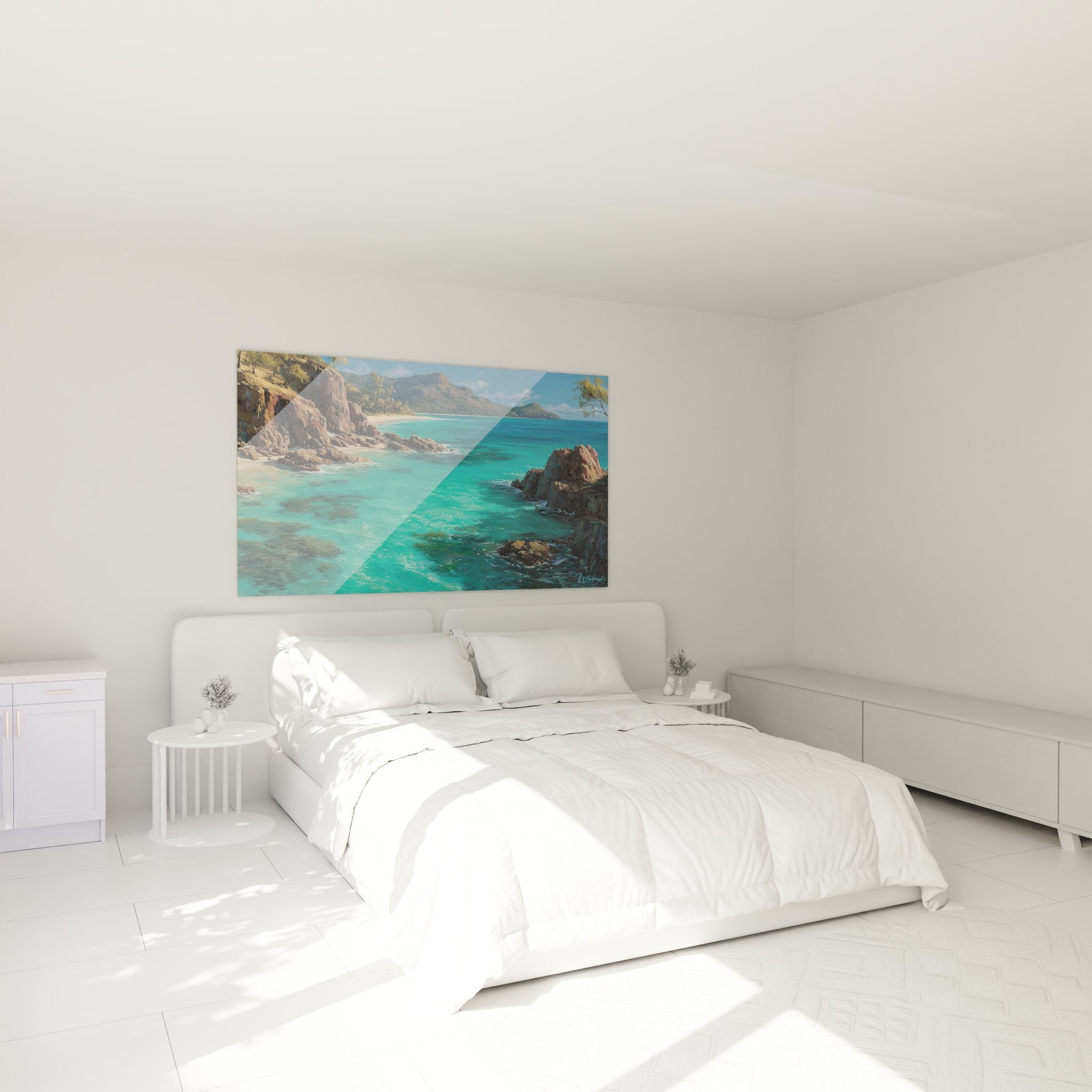 Tableau côte turquoise décorant une chambre moderne avec ambiance plage tropicale apaisante