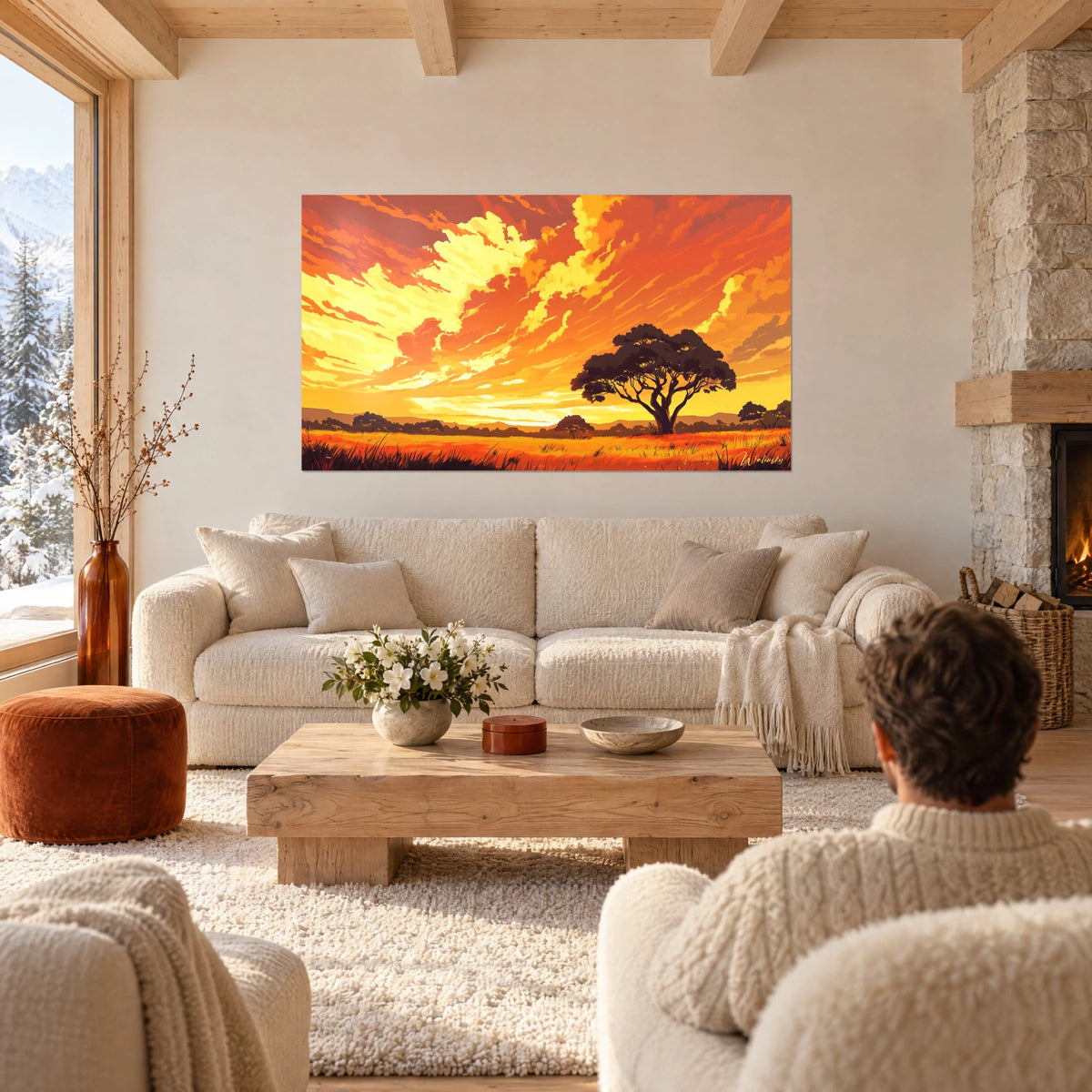Quadro acacia in silhouette sotto un cielo arancione e giallo fiammeggiante, sopra un divano in un soggiorno luminoso
