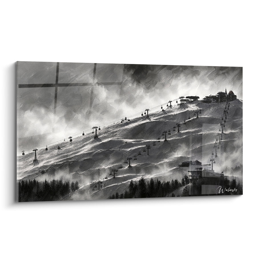 Tableau Téléphérique gris et blanc en montagne - Ascension silencieuse - Edition Plan de Corones Trentin-Haut-Adige Italie