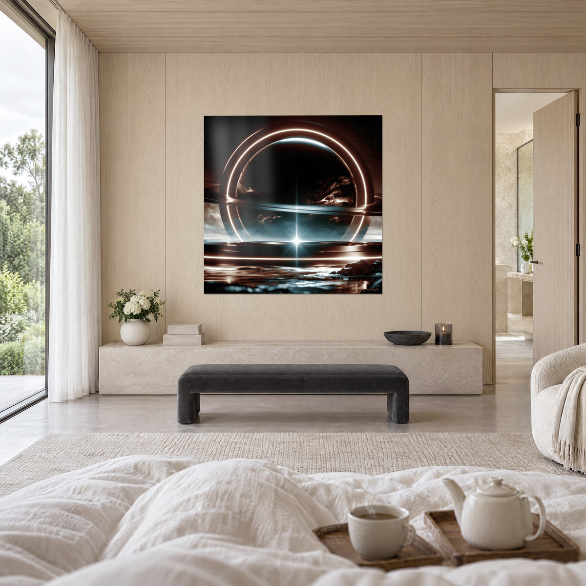 Tableau monde cerclé de cuivre brillant sur fond noir, éclat bleu au centre, un plateau de thé blanc au-dessus d'un lit dans une chambre claire