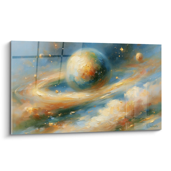 Planète bleu marine et dorée entourée d'un anneau ocre, peinture texturée aux empâtements visibles