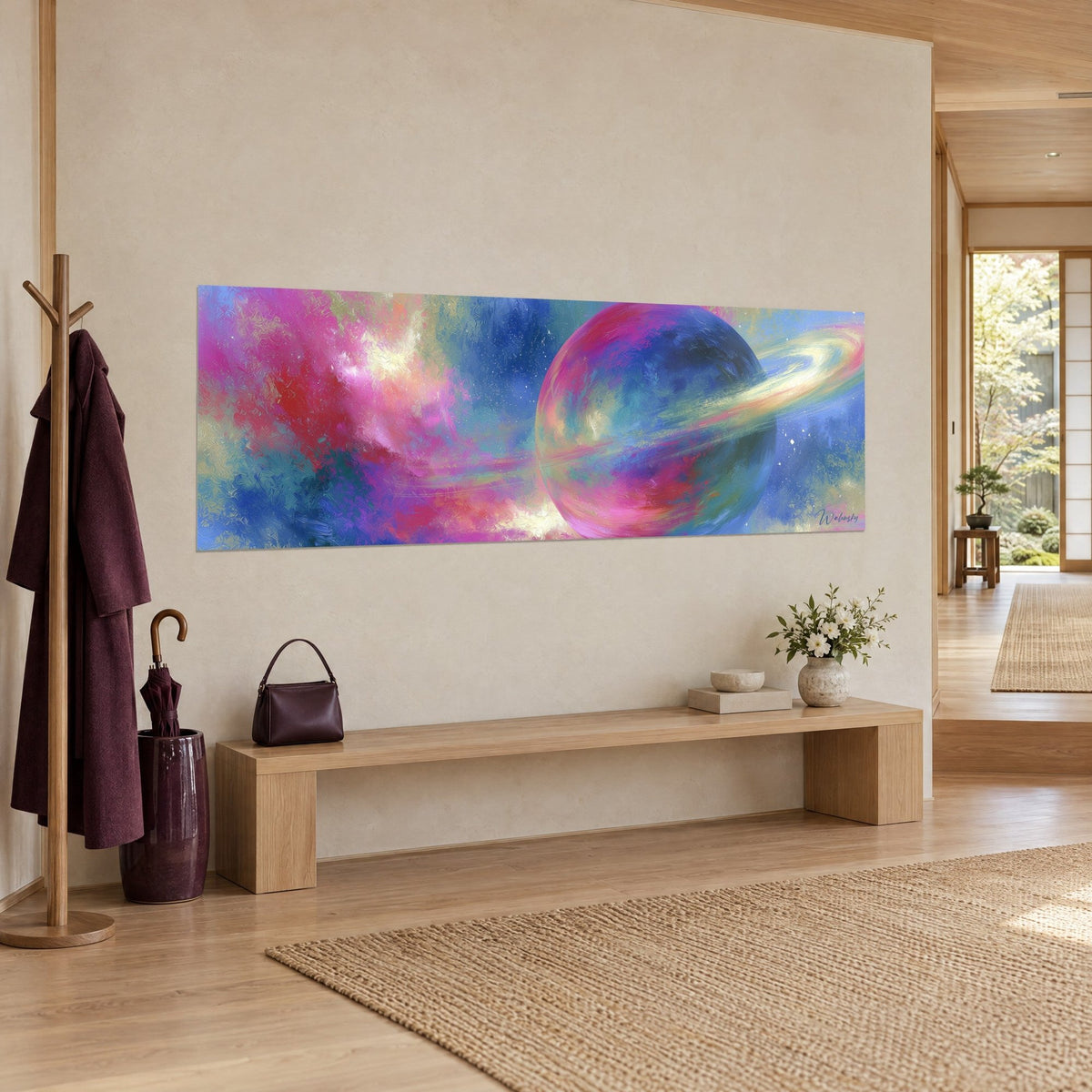 Gemälde gemalter Globus mit violetten und türkisfarbenen Pinselstrichen, cremefarbener und goldener Ring vor einem rosafarbenen Himmel, beige Wand, Holzbank