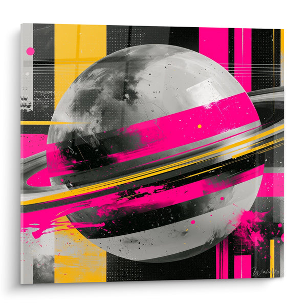 Tableau Sphère grise et rose fluo aux éclaboussures - Bandes jaunes verticales - Edition Planète